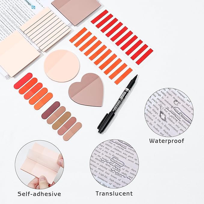 850 Sheets Transparent Sticky Notes, 3 x 3 Inch Clear Sticky Notes with Marker Pen for Bible, Waterproof Self-Adhesive Annotation Tabs, Gradient Color Note Pads for School Office (Red)