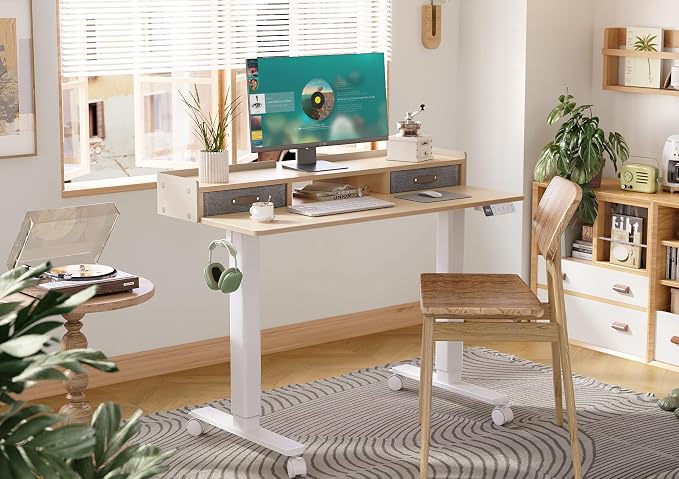 Claiks Standing Desk with Drawers & Wheels, 2 Height Shelf 48" Natural | 2 height adjust shelf, tabletop drawers, felt fence design, sturdy supports 176 lbs, 4 wheels, 2 tire monitor stand