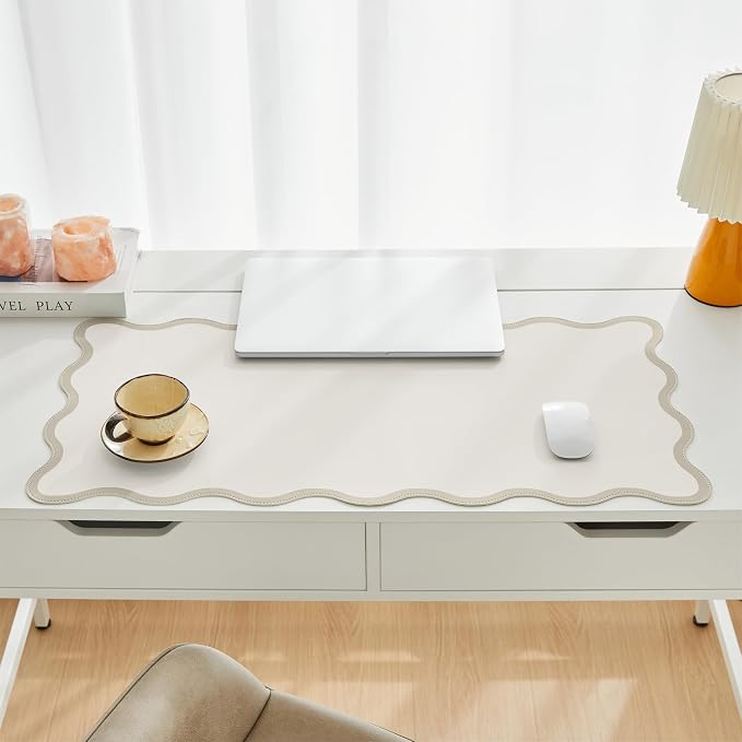 Scalloped Desk Mat, 31.5" x 15.7", PU Leather, Waterproof Anti-Slip, Cute Aesthetic Desk Pad for Office/Home/Game/Vanity (Beige, 31.5" x 15.7")