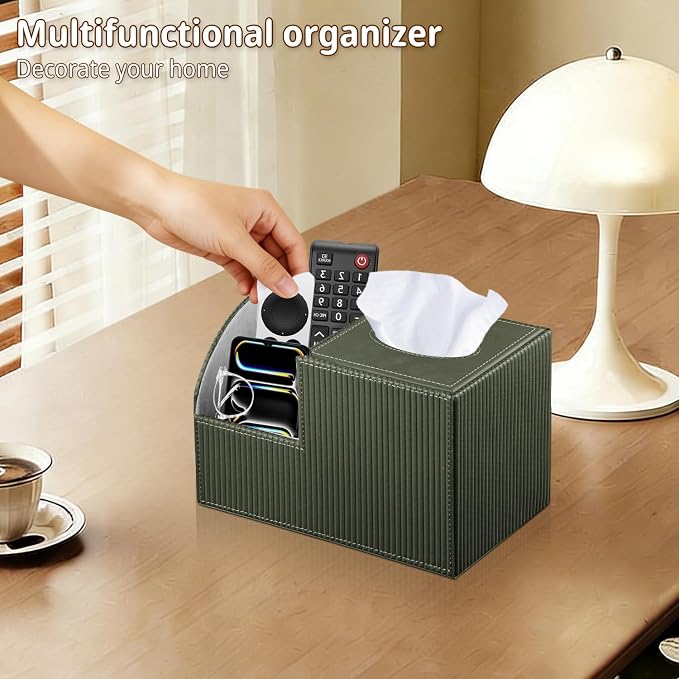 PU Leather Square Tissue Box Cover with Storage,Facial Tissue Box Holder | Multi-Functional Tissue and Remote Control Holder,Cube Tissue Box Organizer/dispenser for Bathroom,Nightstand,End Table Decor