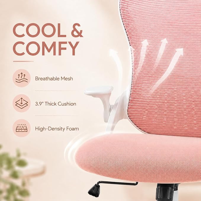 Pink Ergonomic Office Chair, High Back Mesh Desk Chair with Adjustable Headrest Lumbar Support, Computer Chairs with Flip-up Armrests and Thickened Cushion for Adults Home Office, 360° Swivel