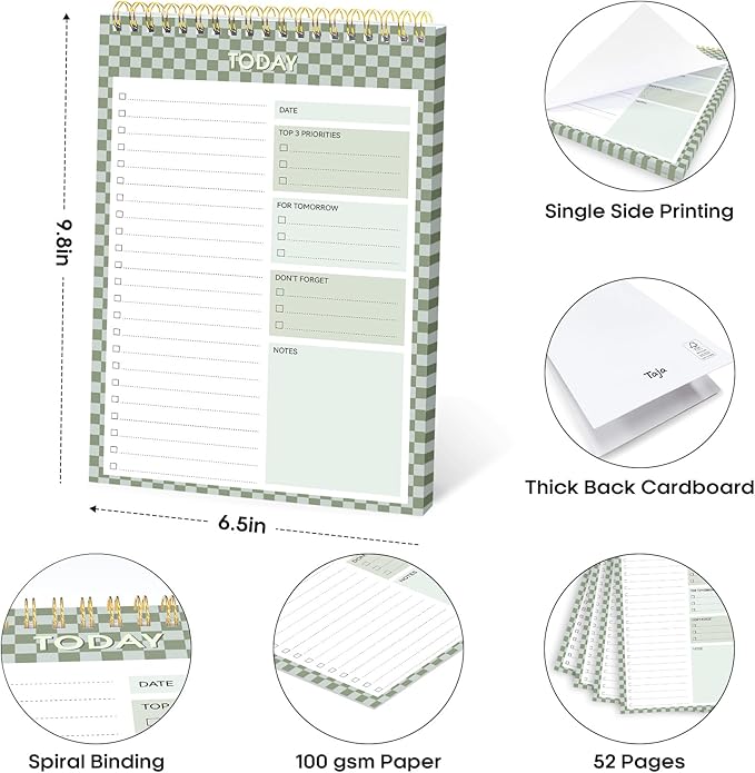 Taja To Do List Notepad - To Do List Notebook for Work with 52 Sheets, 9.8" x 6.5", Undated Daily Planner Perfect for Daily Tasks and Goal Setting, Notepad Suitable for Office, Home & School - Mint Checkered