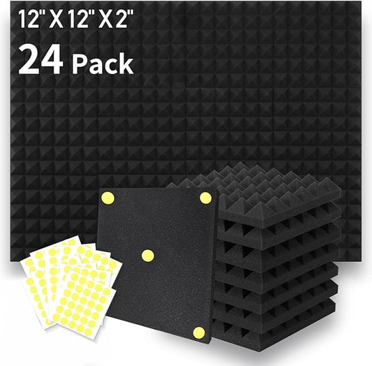 Focusound 24 Packs Acoustic Foam Panels Pyramid 2" X 12" X 12", Soundproofing Foam Noise Cancelling Foam with 120 PCS Double-Side adhesive