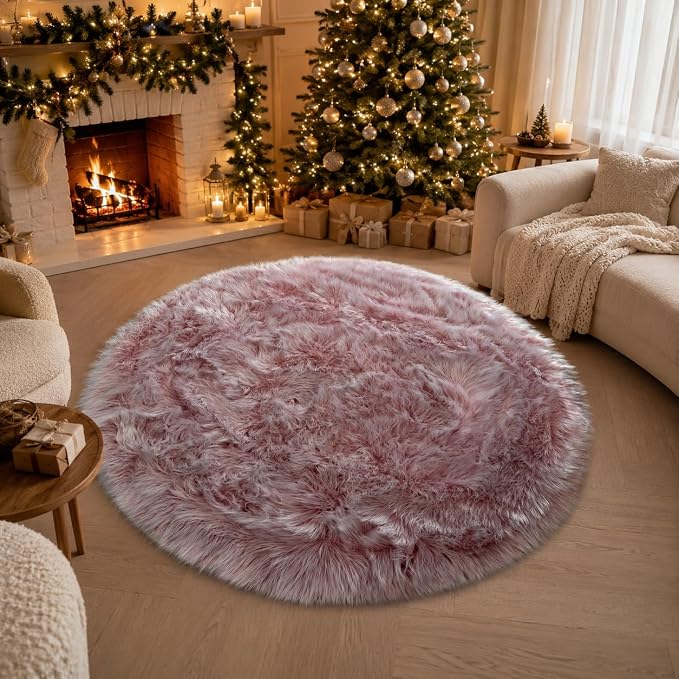 EasyJoy Faux Sheepskin Rug, Fluffy Faux Fur Rug, Ultra Soft Shag Area Rug with Non-Slip Backing for Bedroom, Living Room, Nursery, Kids Room(4 x 4 ft Round, Frosted Bottom Pink)