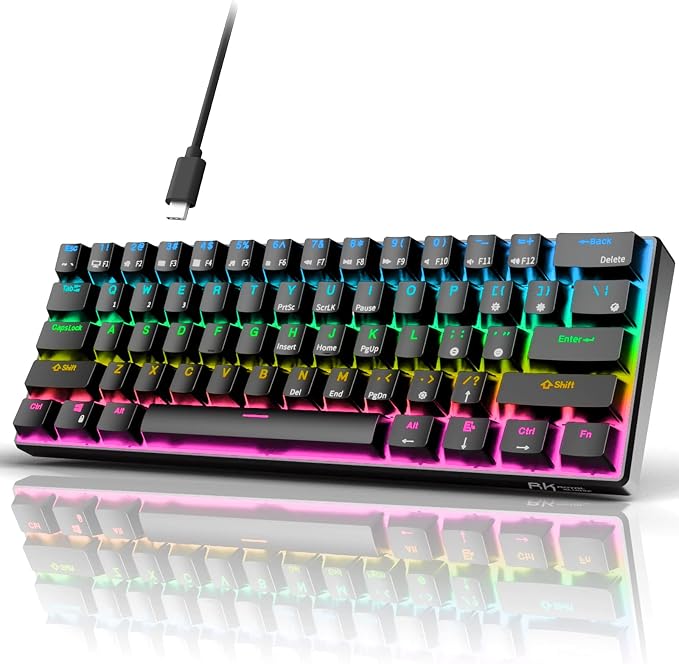 RK ROYAL KLUDGE RK61 Wired 60% Mechanical Gaming Keyboard Programmable QMK/VIA RGB Backlit 61 Keys Ultra-Compact Hot Swappable Blue Switch Black