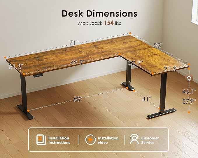 OffiGo 71 Inch Reversible L Shaped Electric Standing Desk, Height Adjustable Corner Stand up Desk, Ergonomic Large Lift Computer Table for Home, Office, Workstation, Rustic Brown