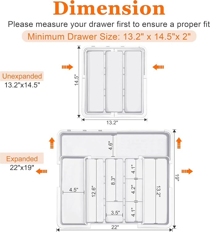 Large Utensil Drawer Organizer Expandable Silverware Organizer for Kitchen Drawer Adjustable Cooking Utensil Holder Cutlery Flatware Tray Spatula Tools Gadgets Storage Dividers Plastic White