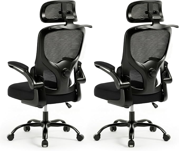 Ergonomic Mesh Office Chair,330LB Capacity High Back Desk Chair with Adjustable Lumbar Support, Adjustable Headrest & Flip-Up Arms,Breathable Computer Chair for Home Office,Work & Study,2pcs