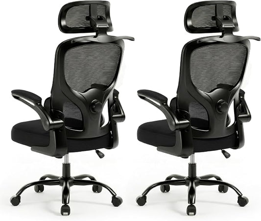Ergonomic Mesh Office Chair,330LB Capacity High Back Desk Chair with Adjustable Lumbar Support, Adjustable Headrest & Flip-Up Arms,Breathable Computer Chair for Home Office,Work & Study,2pcs