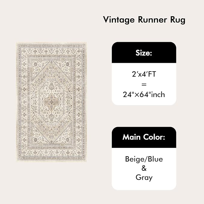 Washable 2x4 Runner Rug for Entryway: Non Slip Kitchen Rugs with Rubber Backing Soft Pet-Friendly Mats Stain Resistant Low Pile Carpet for Hallway Bedroom Bathroom Laundry Home Decor Beige/Gray