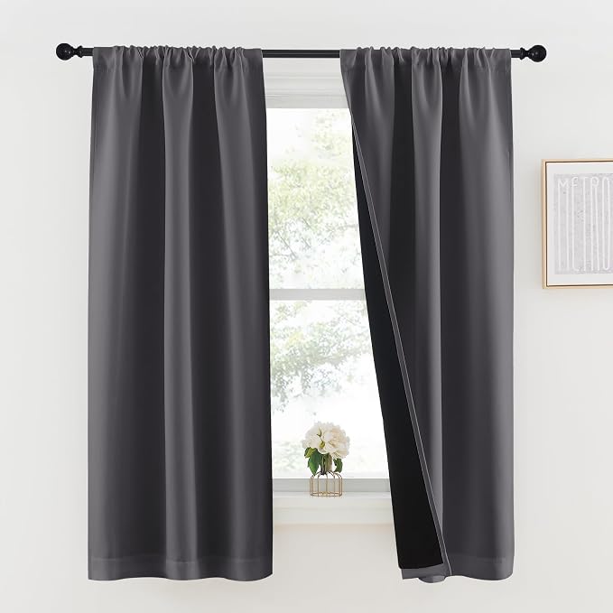 NICETOWN Grey 100% Blackout Lined Curtains, 2 Thick Layers Completely Blackout Rod Pocket Thermal Insulated Drapes for Kitchen/Bedroom (1 Pair, 37 inches Width x 63 inches Length Each Panel)