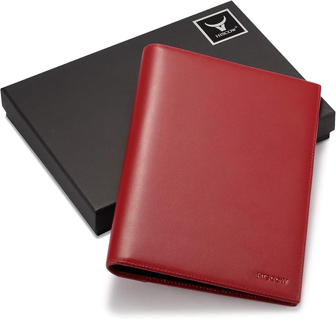 HISCOW Slim Leather Junior Padfolio, 5x8 Notepad Cover, Bordeaux | Italian full-grain cowhide, top-loading legal pad holder, rigid pen loop, quick-access card slot, zipperless boardroom design