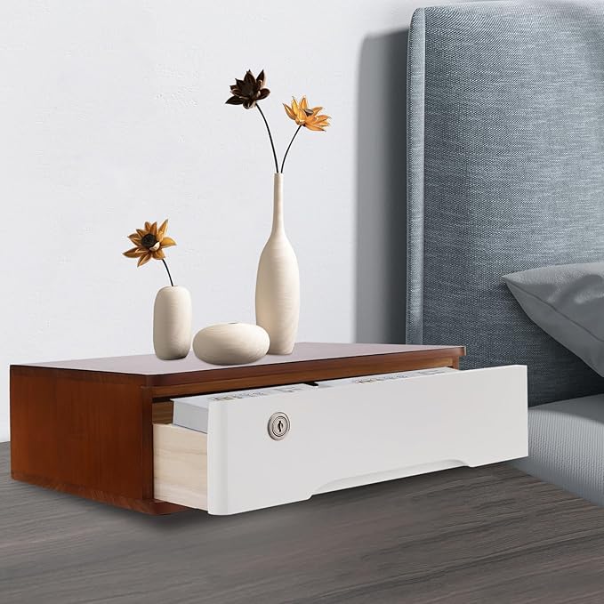 Desktop Storage Box with Lockable Drawer, Office Supplies Drawer Organizer, Wooden Desk Organizer, Small Bamboo Storage Box for Desk, Modern Desktop Drawer Organizer (Walnut+White)