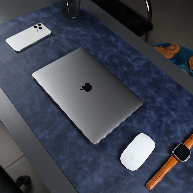 Jersey Genuine Calfskin Leather Desk Pad, Office Desk Mat with Non-Slip Bottom, Smooth Surface for Mouse & Keyboard, Desk Protector (36x19 inches) (Navy)