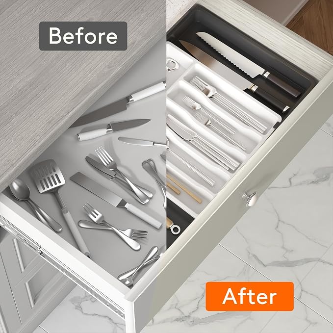 Lifewit Silverware Drawer Organizer, Expandable Utensil Tray for Kitchen, BPA Free Flatware and Cutlery Holder, Adjustable Plastic Storage for Spoons Forks Knives, 13-22 x 15", White&Black