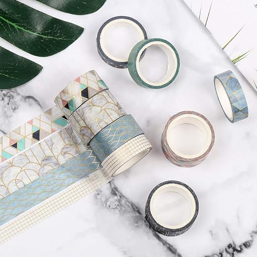 CCINEE 10 Rolls Washi Tape Set,Geometric Gold Foil Decorative Masking Tape for Bullet Journal Planner Scrapbooking Craft