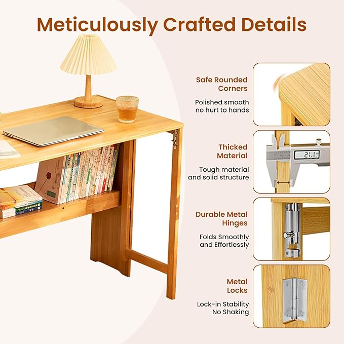 41" Bamboo Folding Desk with Bookshelf, Folding Bamboo Desk for Small Spaces, Computer Table Space Saving, Wooden Desks for Home Bedroom Study Office Bamboos Writing Desks, Primary