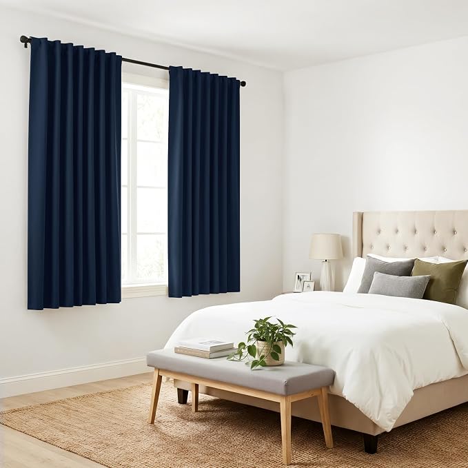 PONY DANCE Black Out Curtains 48 inch Long for Short Small Window, Rod Pocket and Back Tab Thermal Insulated Room Darkening Curtains for Kitchen/Cabinet/Basement(2 Panels, W42 x L48 inch, Navy Blue)