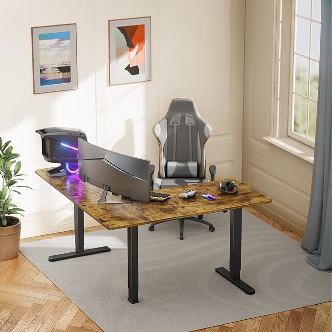 ErGear 63″ L Shaped Standing Desk Electric Adjustable Height, Vintage Brown | Left & Right Interchangeable Installation, 4 Memory Presets, One-Touch Control, Stable Steel Frame, 220 lbs Capacity