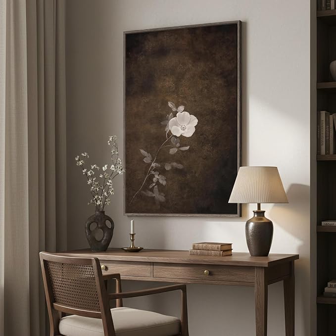 Framed Vintage Floral Vertical Wall Art, Moody Neutral Minimalist Botanical Canvas Artwork, Retro Rustic Brown Wabi Sabi Dark Flower Painting Prints for Living Room Bedroom Hallway Wall Decor, 24x36