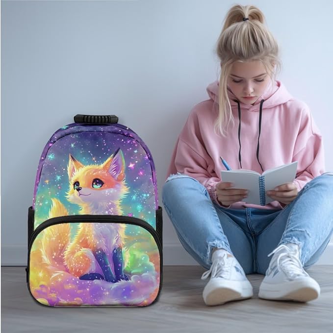 Ystardream Bling Cute Fox Backpack for Girls 8-12 Kids School Backpack with Lunch Bag,Pencil Bag,Water Bottle Sleeve,Large Laptop Bookbag with Multiple Pockets for Boys and Girls Daily Use