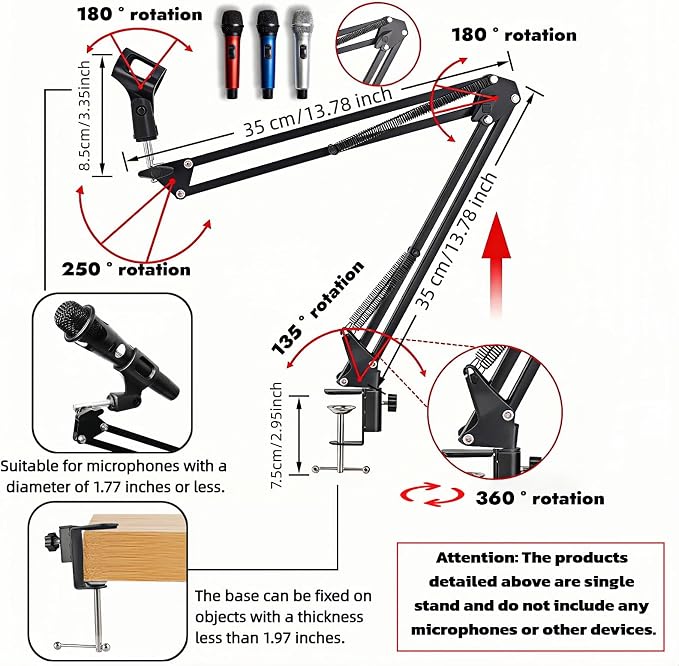 Microphone Boom Arm Stand, Adjustable Desk Mount Scissor Arm with 360° Rotation, Heavy Duty Metal, for Podcast, Recording, Streaming, Gaming, Voice-Over, Studio, Home Office – Black