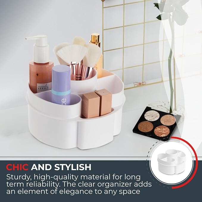 Masirs Small 360 Rotating Makeup Organizer, 5 Compartments, Round White | Small 360 Rotating Makeup Organizer, 5 Compartments, Acrylic Mini Lazy Susan, Vanity Bathroom Counter, Round White