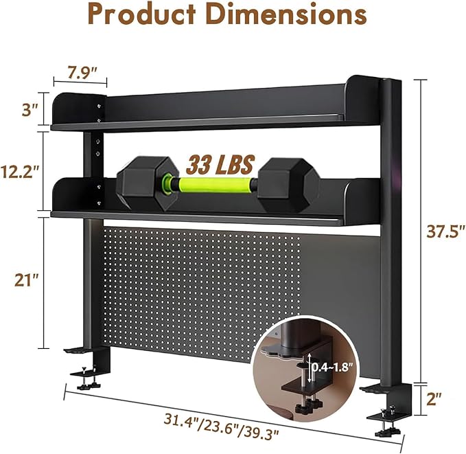 CHSSIH Clamp On Desk Pegboard Shelf - Metal Desktop Organizer Hutch with 2 Shelves for Storage and Display, Desk Add-On Shelf for Office, Dorm, or Computer Monitor Stand, Black (39.3")