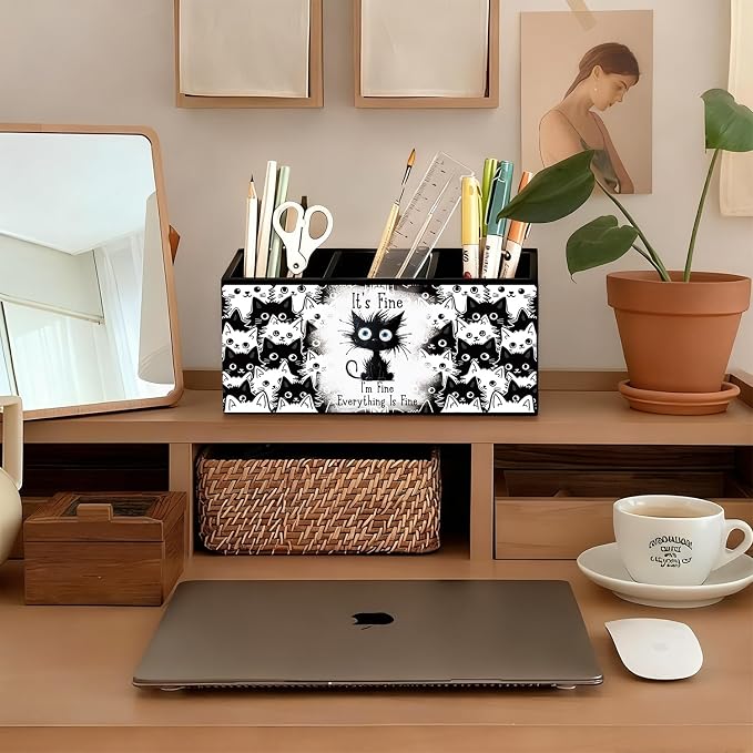 Funny Black Cat Pen Pencil Holder for Desk, Funny Office Gifts for Coworkers, Black Cat Gifts for Women, It's Fine Everything Is Fine Wooden Box Sign Decorations for Home Office Desk Tabletop