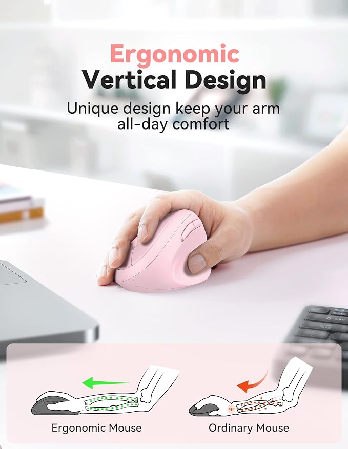 TECKNET Ergonomic Mouse, Bluetooth Wireless Vertical Mouse, Rechargeable Battery, Quiet Clicks, 4800 DPI Adjustable, BT5.0/3.0 & 2.4G Connect, Easy to use, Wide Compatibility - Pink