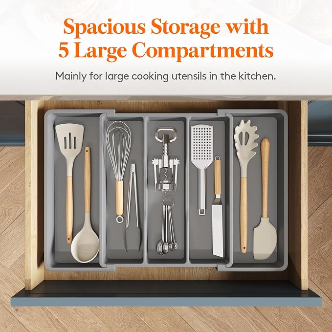 Lifewit Utensil Organizer for Kitchen Drawers, Expandable Cooking Utensil Tray, Adjustable Cutlery Silverware Flatware Holder, Plastic Spatula Tools Storage Divider, 13-22 x 15", Gray
