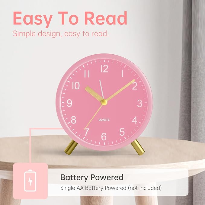 JALL Analog Alarm Clock, 4 inch Super Silent Non Ticking Small Clock with Night Light, Battery Operated, Simple Design, Easy Setting for Office, Bedroom, Bedside, Desk, Teens, Elders, Adult, Pink