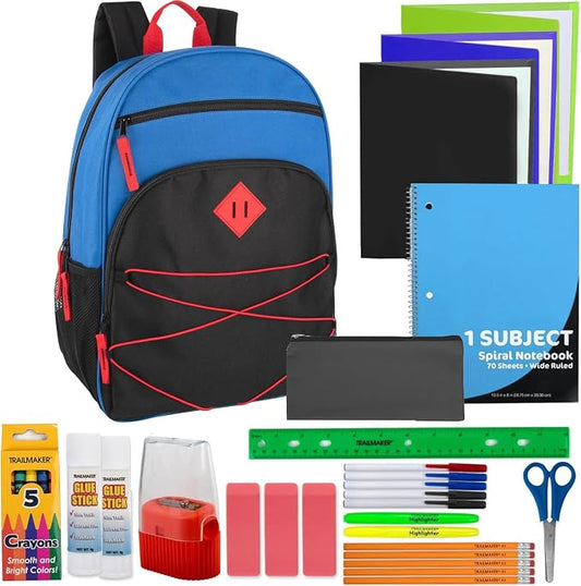Trail maker Kids Backpacks with School Supplies for Boys, Girls | 30 Piece Back to School Supplies Set with 17" Bungee Backpack (Blue & Black)