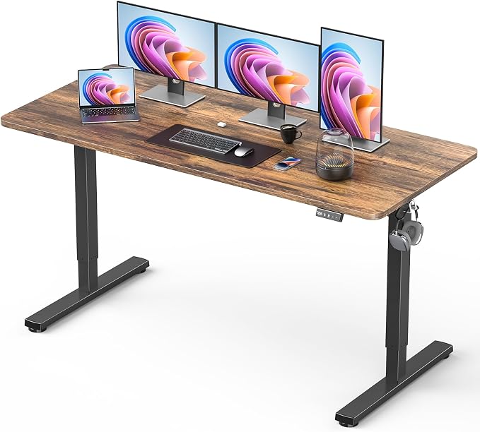 55" Electric Standing Desk Adjustable Height, Sit Stand up Desk for Home Office & Computer Workstation, 2 Memory Height Settings, Splice Board, 2 Hooks, Black Frame/Rustic Brown Top
