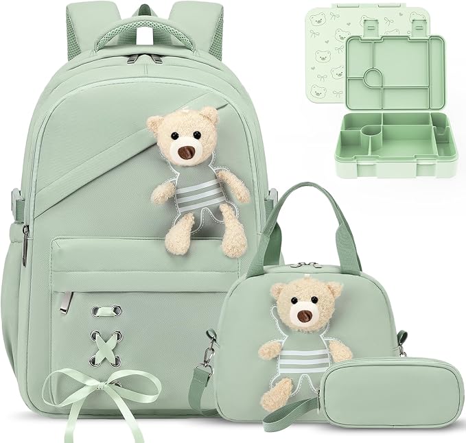 ACESAK Backpack for Girls with Bento Box - 4 PCS Cute Girls Backpack with Lunch Box, Pencil Case & Bento Box Set - 43oz Leakproof Lunch Box Kids Snack Containers Set Back to School Supplies (Green)