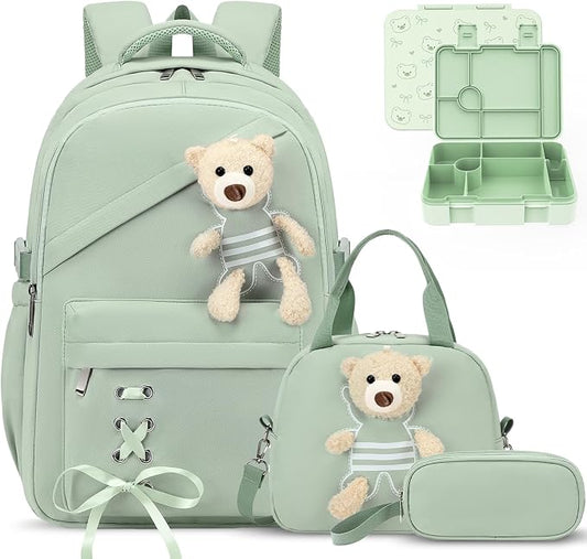 ACESAK Backpack for Girls with Bento Box - 4 PCS Cute Girls Backpack with Lunch Box, Pencil Case & Bento Box Set - 43oz Leakproof Lunch Box Kids Snack Containers Set Back to School Supplies (Green)