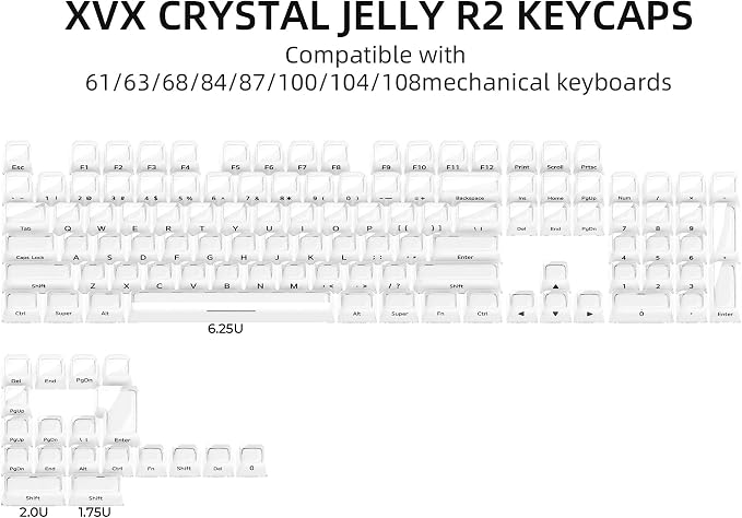 OHY XVX Lusterfly Jelly R2 MDA Profile Keycap Set, 122 Keys Double Shot PC+ABS Keycaps for MX Switches & ANSI Layout Mechanical Keyboards-White