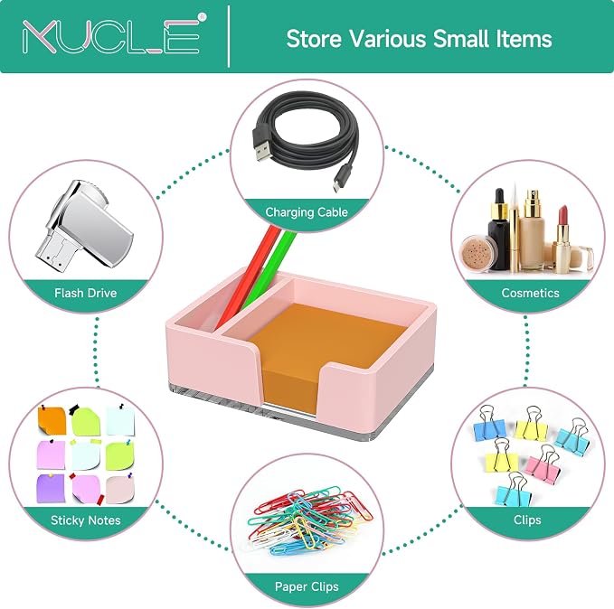 Sticky Note Holder with Pen Slot, Pink Acrylic Notepad Holder 3x3 in Self-Stick Note Dispenser Office Desk Accessories, Memo Pad Holder Organizer for Classroom School Supplies