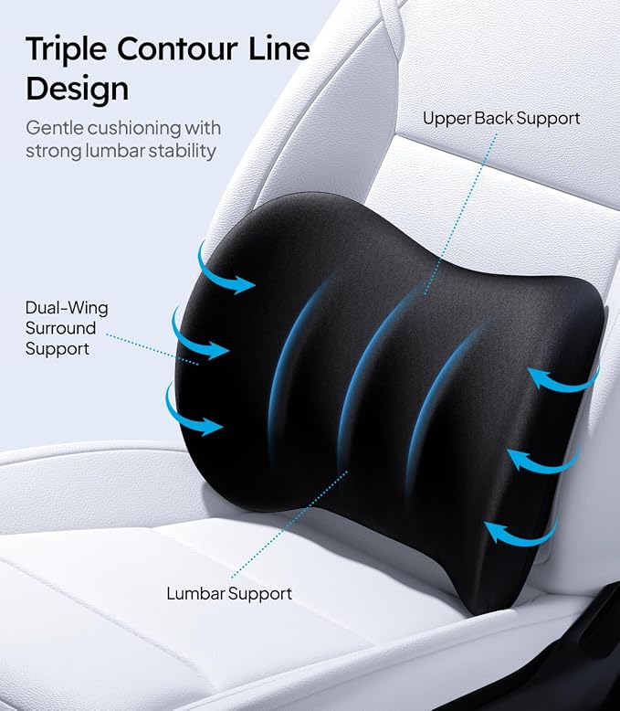 Wigoo Lumbar Support Pillow for Car-Office Chair, Black 1-Pack | Memory Foam| Ergonomic| Universal Fit