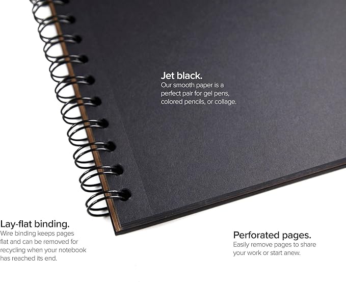 Unruled Blackout Blank Spiral Notebook, 70lb Premium Plain Black Paper, 55 Sheets, Recycled and Sustainable, 10.5" x 8", 2 Pack, Black Foil/Wire