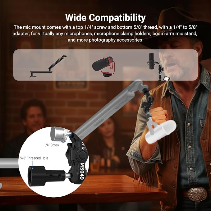 NEEWER Microphone Mount Adapter for Boom Arm Mic Stand Clamp Holder, 360° Dual Mini Ball Head Magic Arm Aluminum Alloy with 1/4" to 5/8" Screw Adapter, Max Load 2 lbs, MS049