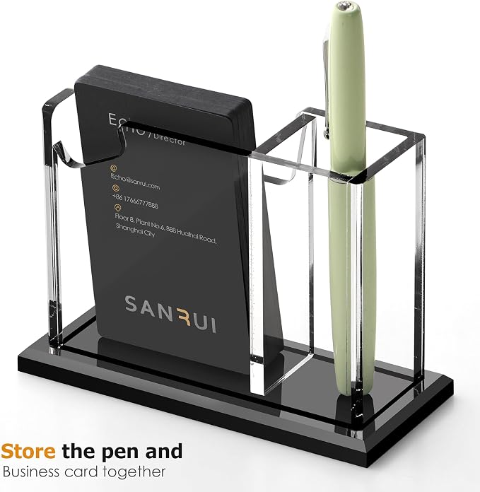 SANRUI Acrylic Business Card Holder with Pen Holder, 2-Slot Vertical | 8mm thick stable base, desktop card organizer for office reception & trade shows, holds cards & stationery, space-saving
