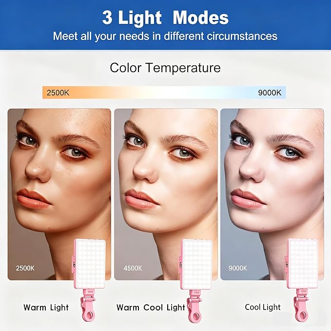 Selfie Light, Phone Light with Front & Back Clip, 60 LED Portable Light with 3 Modes, 5000mAh Rechargeable Video Light for Phone, iPhone, IPad, Laptop, TikTok, Makeup, Lighting Monolights(Pink)