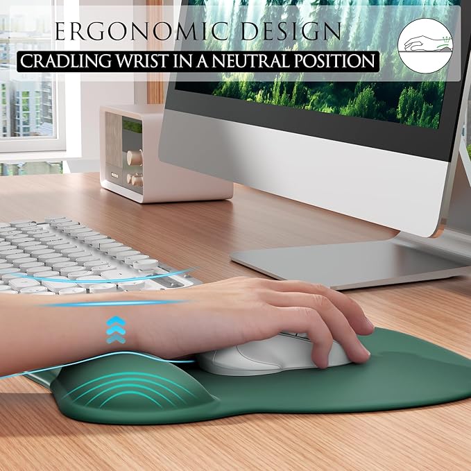 MROCO Ergonomic Mouse Pad with Gel Wrist Rest, Smooth Wrist Support Surface, Non-Slip PU Base for Pain Relief, Comfortable Mousepad for Computer, Laptop, Office & Home, 9.4 x 8.1 in, Forest Green