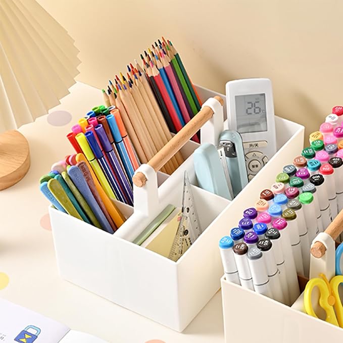 Buqoo Desk Organizer with 8 Compartments for Office Supplies | Plastic Makeup Organizer with Wooden Handle, Pen Holder for Desktop Storage, Desk Organization for Office Supplies (White)