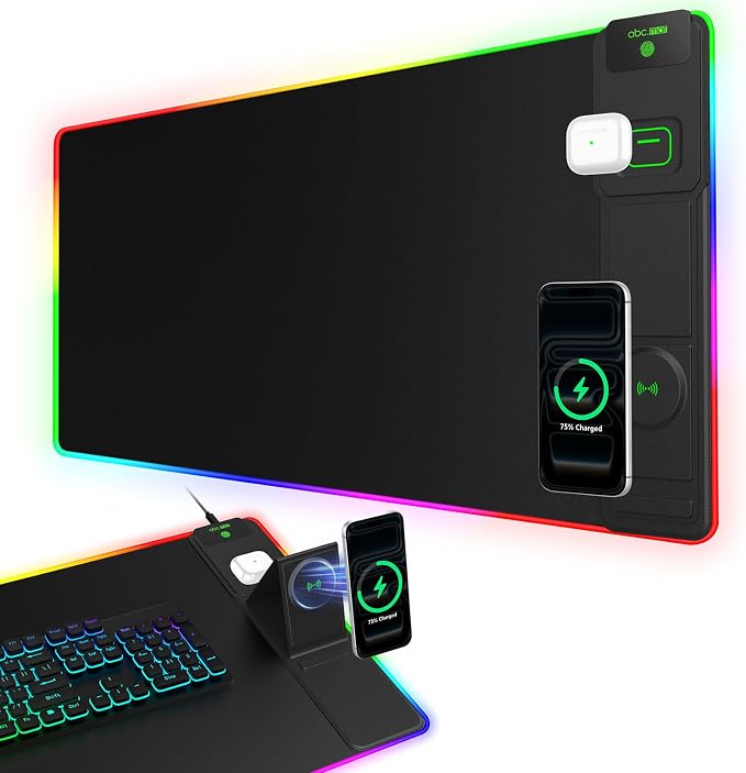 RGB Gaming Mouse Pad with Magnetic Wireless Charging & Foldable Phone Stand | 31.5"x15.8" XXL Large LED Mousepad with Stitched Edges, Ultra-Smooth Waterproof Surface, 25 Lighting Effects, Non-Slip Base
