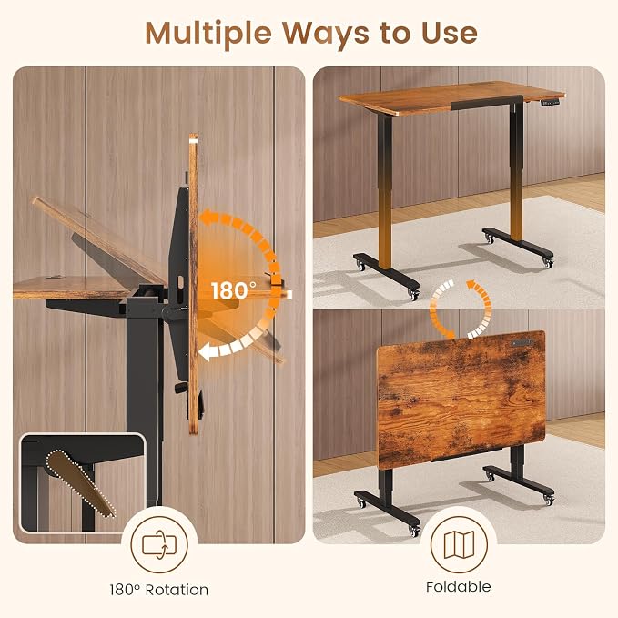 SEDETA 31.5 Inches Electric Standing Desk, 180° Tiltable Mobile Rising | Computer Desk Height Adjustable with Wheels for Drawing/Writing/Gaming/Study/Home Office/Small Space, Rustic Brown