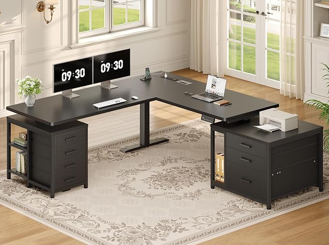 SEDETA 63" L Shaped Electric Standing Desk, Height Adjustable Corner Desk with 7 Fabric Storage Drawers & Power Outlet, 3 Memory Heights, 200lbs Capacity for Home Office Gaming, Black