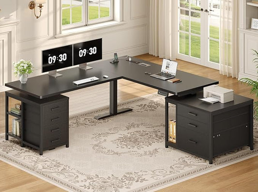 SEDETA 63" L Shaped Electric Standing Desk, Height Adjustable Corner Desk with 7 Fabric Storage Drawers & Power Outlet, 3 Memory Heights, 200lbs Capacity for Home Office Gaming, Black