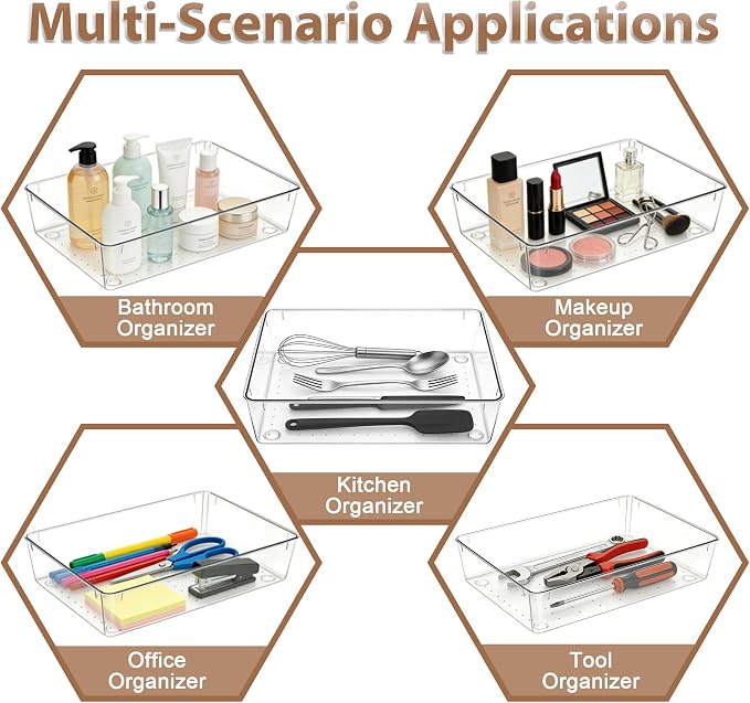 7Pack 6"*9" Clear Drawer Organizers for Makeup, Vanity, Office | Acrylic Organizer Trays for Bathroom, Nightstand, Junk for Kitchen Drawer, Versatile Plastic Drawer Divider Storage Bins